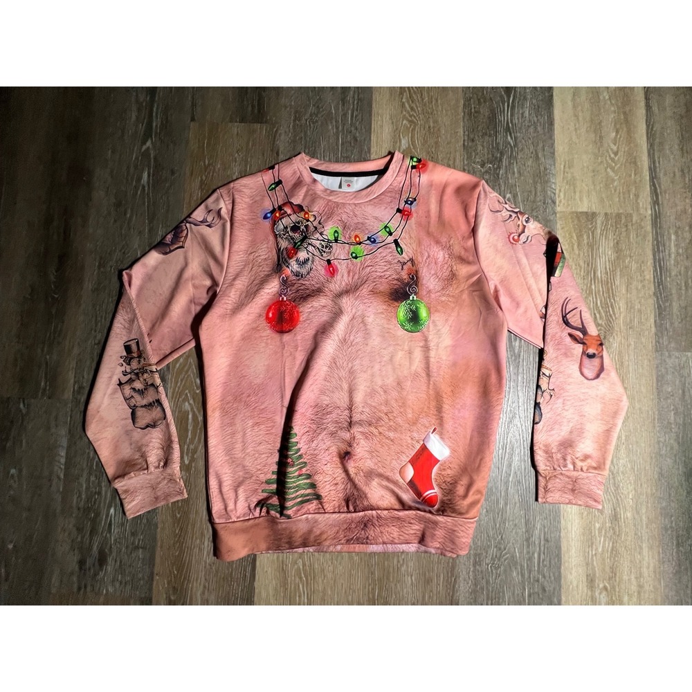 Hairy Chest Graphic Sweatshirt Mens Large Pink Ugly Christmas